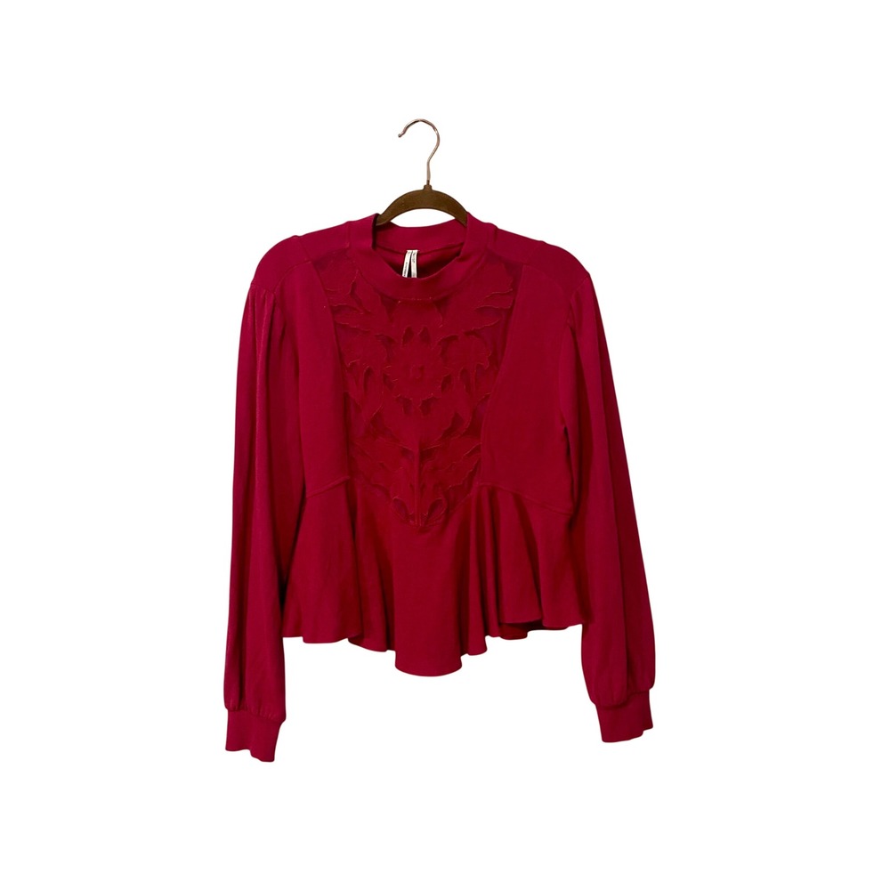 Anthropologie Magenta Pink Embroidered Mesh Peplum Sweatshirt Top Size XS